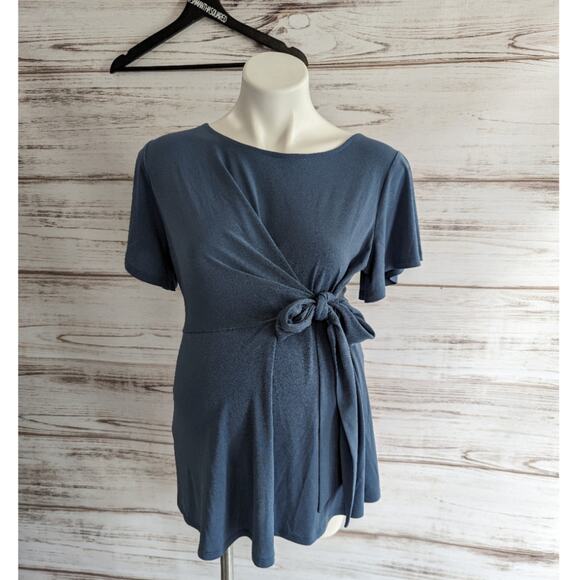 Motherhood Maternity Twist Tie Front Blue Short Sleeve Blouse sz Small - Picture 1 of 6